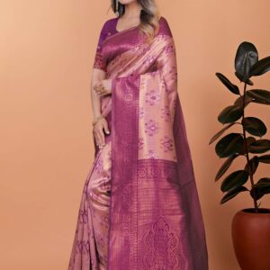 Orchid Glow Banarasi Silk Saree in Lavender-Gold & Plum with Floral Zari Work | Wedding, Festive & Traditional Ethnic Wear