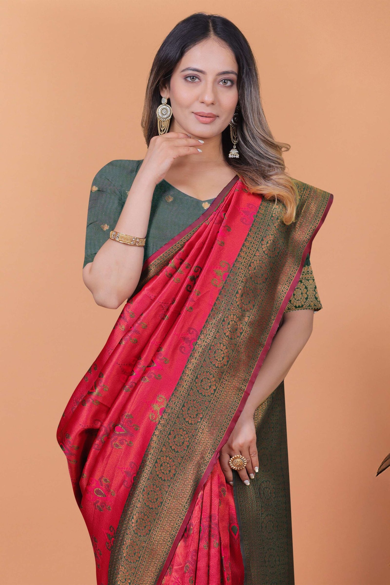 Crimson Majesty Banarasi Silk Saree in Cherry Red & Bottle Green with Zari Work | Wedding, Festive & Traditional Ethnic Wear - Image 2