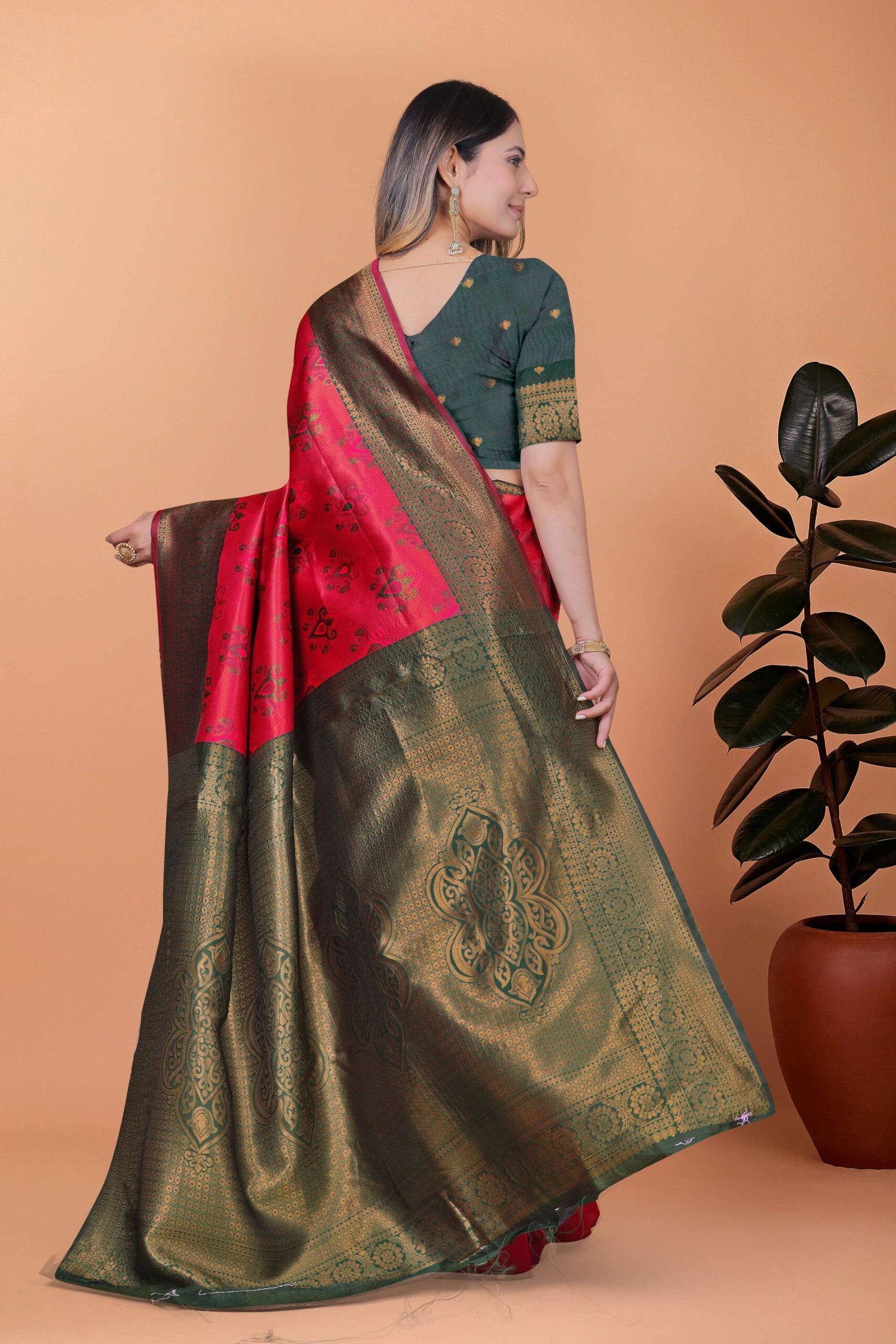 Crimson Majesty Banarasi Silk Saree in Cherry Red & Bottle Green with Zari Work | Wedding, Festive & Traditional Ethnic Wear - Image 4